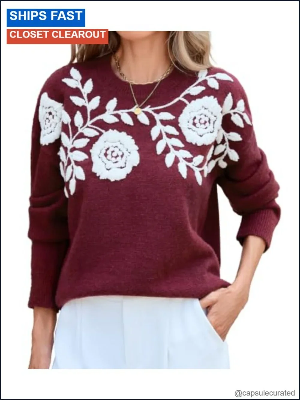 Womens Crew Neck Floral Embroidery Sweater Long Sleeve Knit Top